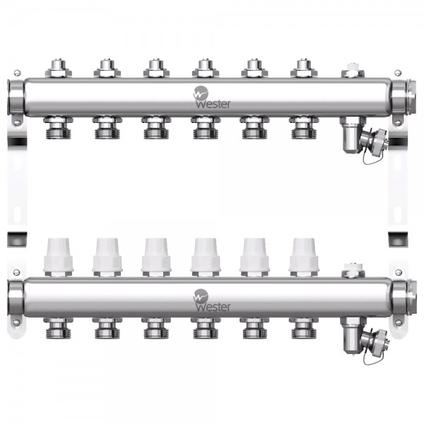Коллектор нерж. Wester 1quot;-3/4 в сборе на 6 выходов, 2 заглушками
