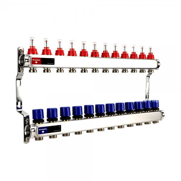 Группа коллекторная с расходомерами VARMEGA VM15112 ВР 1quot;, на 12 контуров 3/4quot; EK, нерж. сталь