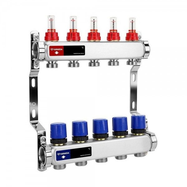 Группа коллекторная с расходомерами VARMEGA VM15105 ВР 1quot;, на 5 контуров 3/4quot; EK, нерж. сталь