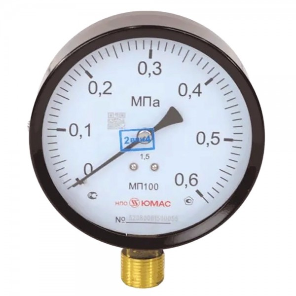 Манометр ЮМАС МП100 радиальный Дк100мм 0-1,0 МПа кл.1,5 G1/2quot;